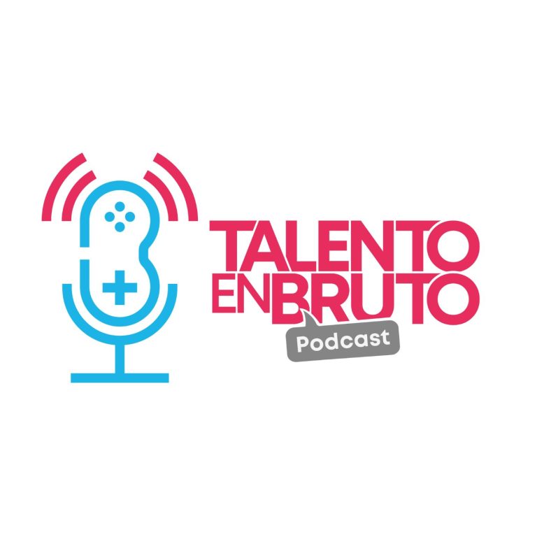 Carátula del podcast 'Talento en Bruto', con un fondo blanco, tipografía en magenta, detalles en gris y un mando de videoconsola que simula la forma de un micrófono en un tono celeste. Un proyecto sonoro centrado en el desarrollo de videojuegos en España